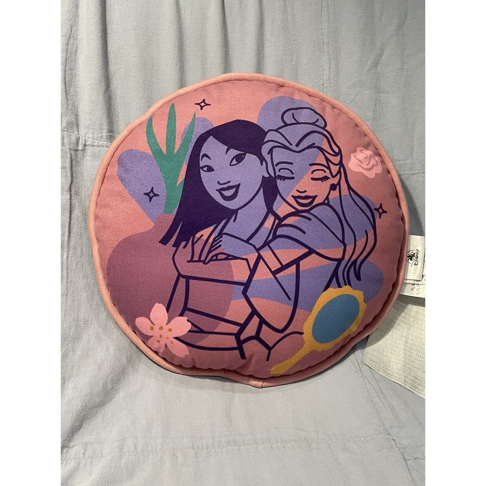 NWOT Walt Disney Parks Princess 12" Round Plush Pillow‎ w/ Mulan & Belle